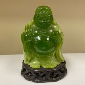 Fortune Buddha Figure smiling Green Faux Jade Black Base Qingzhèng Signed